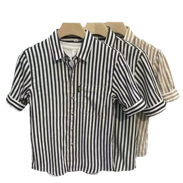 Summer new five-point short-sleeved shirt, men's trendy casual mid-sleeve striped youth shirt, fashionable thin base shirt - Image 5
