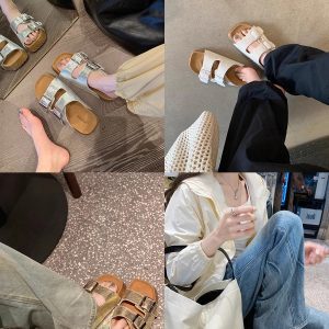 The sheepskin version of the grape mother is the same lazy person who kicks on the double-breasted beach thick-soled slippers Birkenstock slippers and girls wear them outside in summer