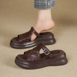 5CM top layer cowhide stepping on feeling genuine leather open toe one-line platform slippers women's outer wear French belt buckle sandals
