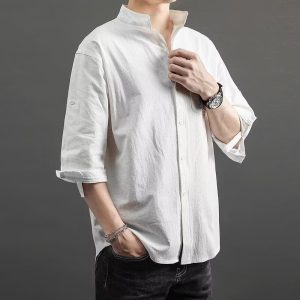 Large size linen short-sleeved shirt men's loose trendy fat man plus fertilizer to increase men's summer cotton and linen five-point sleeve thin section