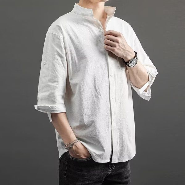 Large size linen short-sleeved shirt men's loose trendy fat man plus fertilizer to increase men's summer cotton and linen five-point sleeve thin section - Image 3