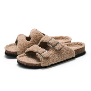 Ruizu new autumn and winter women's cork slippers lamb velvet men's sandals and slippers wear casual beach shoes to keep warm
