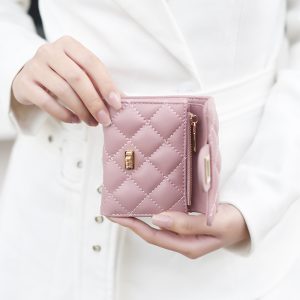 Small fragrance wind women's wallet women's short coin purse simple diamond checkered wallet large capacity sheepskin wallet genuine leather card bag
