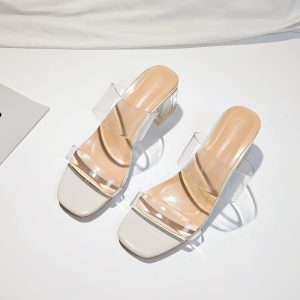 2023 summer new transparent high-heeled sandals women's mid-heel thick-heeled crystal fairy wind sandals and slippers women's outerwear
