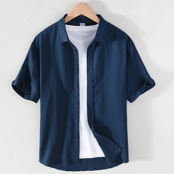 Men's simple and versatile short-sleeved shirt solid color button texture comfortable breathable fresh business casual cotton and linen shirt
