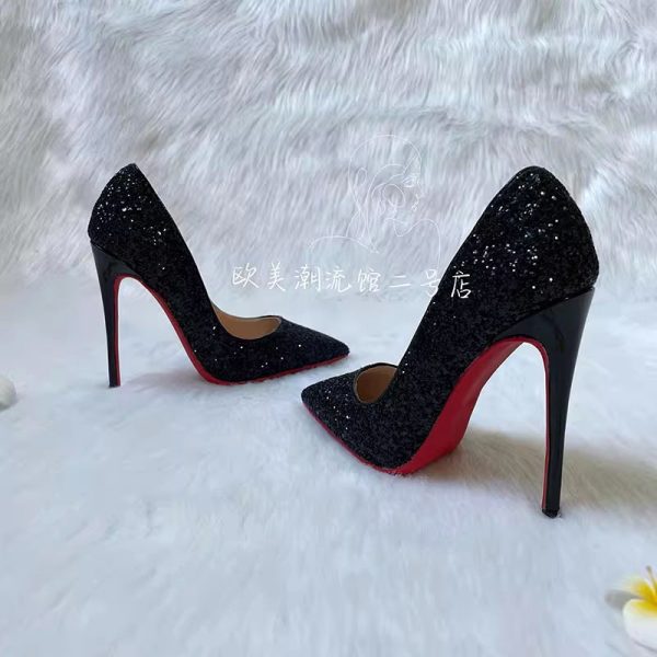 Black Red Sole High Heels Women's Stiletto Heels Fall/Winter 2023 New Sequin Crystal Wedding Shoes Pointed-toe Professional Sexy Singles - Image 2