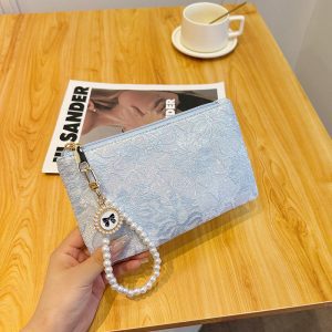 2025 new national style lace Chinese style pearl hand zipper long wallet women's card holder short coin purse bag