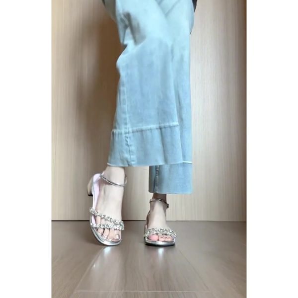 Stunning silver strap-on medium block heel sandals women's 2025 new summer with skirt fairy style French high heels - Image 4