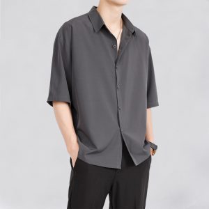 Ice silk shirt men's short-sleeved summer trendy brand trend men's casual jacket high-end sense of handsome five-quarter-sleeved black shirt