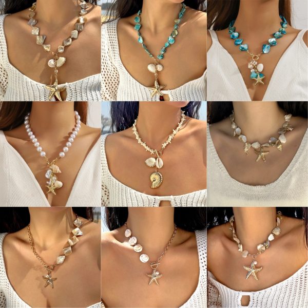 European and American cross-border new starfish shell beaded necklace imitation pearl beaded layered coarse gold necklace niche jewelry women