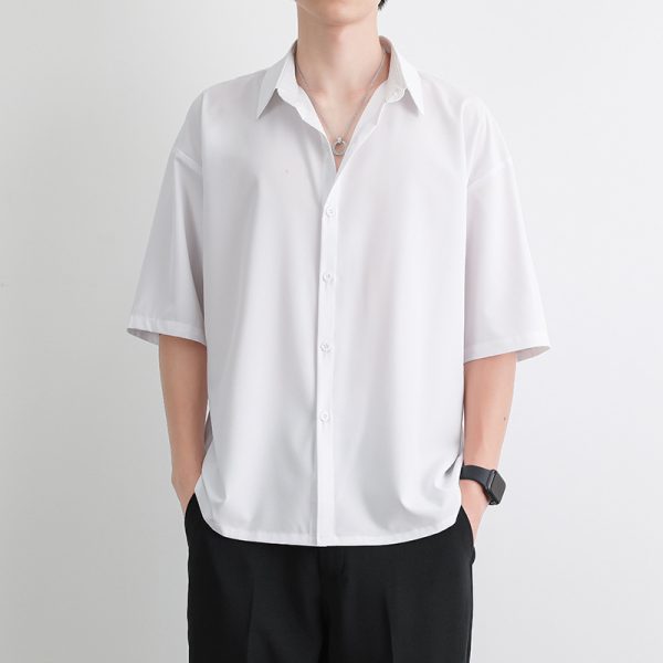 Short-sleeved shirts, men's summer loose thin ice silk three-quarter sleeve shirts, teenagers breathable cardigans, half-sleeved tops, trendy - Image 2