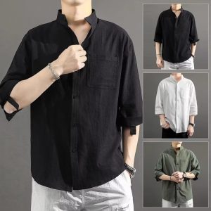 Large size linen short-sleeved shirt men's loose trendy fat man plus fertilizer to increase men's summer cotton and linen five-point sleeve thin section