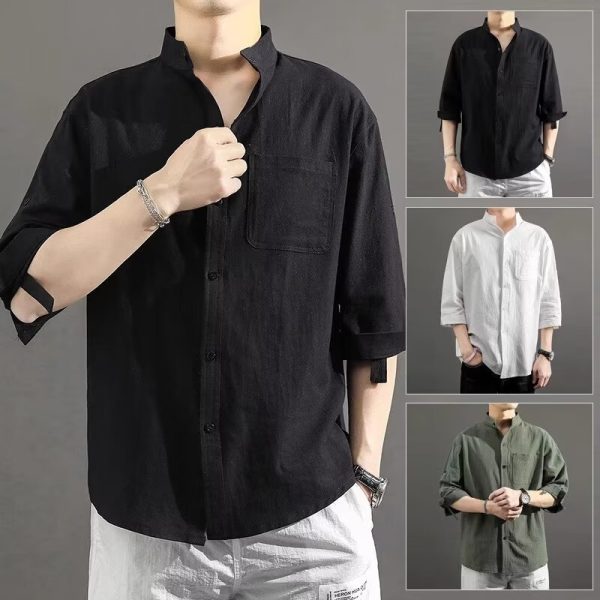 Large size linen short-sleeved shirt men's loose trendy fat man plus fertilizer to increase men's summer cotton and linen five-point sleeve thin section