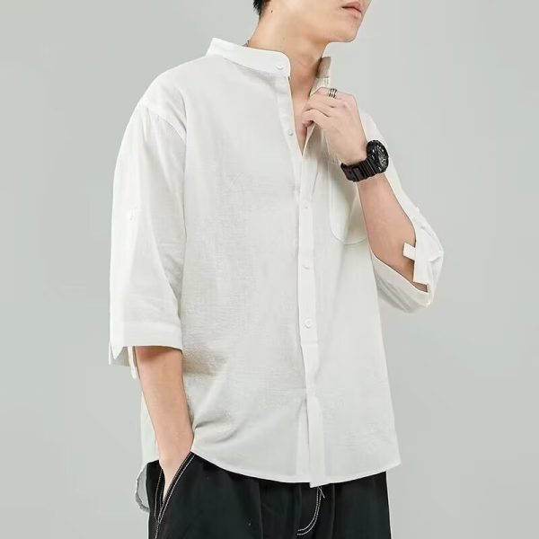Linen shirt men's short sleeve shirt loose large size Japanese style collarless summer cotton linen thin jacket with cropped mid sleeves - Image 3