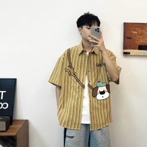 American retro trendy brand cartoon anime short-sleeved shirt men's summer thin loose and versatile casual shirt jacket men
