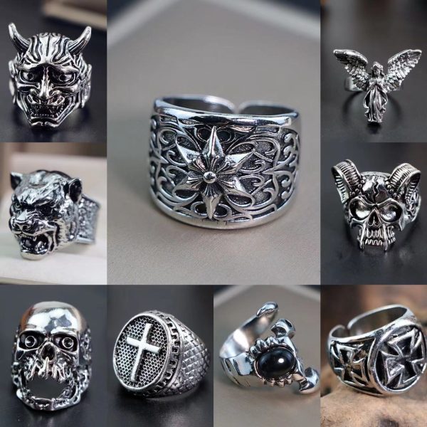 European and American cross-border men's trend metal rings Retro cool and handsome design sense totem geometric men's ring collection