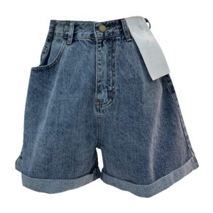 Plus size fat sister five points denim shorts women's summer high waist loose and thin wide legs rolled edge pants thin section hot pants