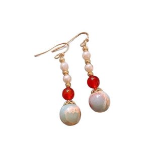 National style handmade Shoushan stone red agate earrings, retro new Chinese literary and elegant imitation pearl earhooks, temperament earrings