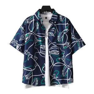 Comic print shirt men's ins trend summer Japanese short-sleeved shirt couple loose design sense niche jacket