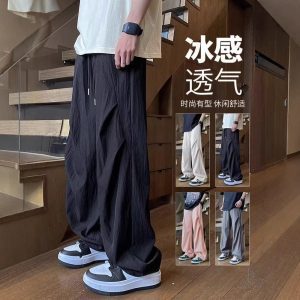 Ice silk casual pants men's summer foreign trade loose straight drape American trend sports thin wide-leg long pants
