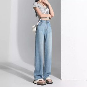 Tencel wide-leg jeans women's summer 2025 thin loose slimming high-waisted drape floor-mopping ice silk straight-leg pants