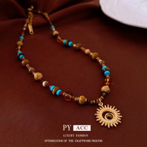 Titanium steel natural stone sun pendant stainless steel necklace cross-border Maillard temperament collarbone chain niche jewelry wholesale