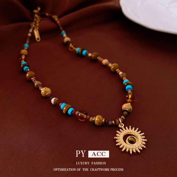 Titanium steel natural stone sun pendant stainless steel necklace cross-border Maillard temperament collarbone chain niche jewelry wholesale