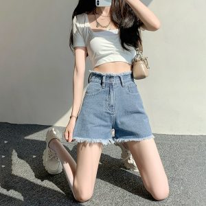 Raw edge fringed denim shorts for women small women, summer 2025 new thin high-waisted A-line loose wide-leg hot pants A