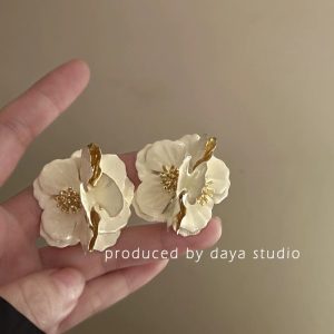 Embossed haze blue French retro drop glaze rose flower zircon earrings women's light luxury sense of luxury niche temperament