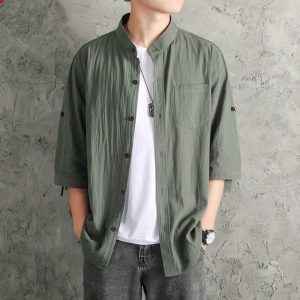 Summer linen shirt men's solid color shirt loose men's Chinese style cotton linen men's casual jacket seven points cross-border
