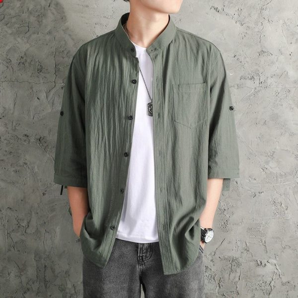 Summer linen shirt men's solid color shirt loose men's Chinese style cotton linen men's casual jacket seven points cross-border - Image 4