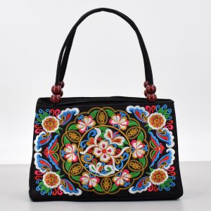 Ethnic style double-sided embroidered handbag, wooden bead accessories, double-layered zipper, hand-to-canvas bag, portable hand-carrying wallet
