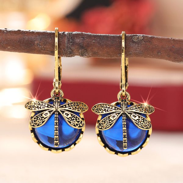 Cao Shi retro European-style forest pastoral style earrings for women, imitation moonlight stone dragonfly earrings, round exquisite daily style - Image 2