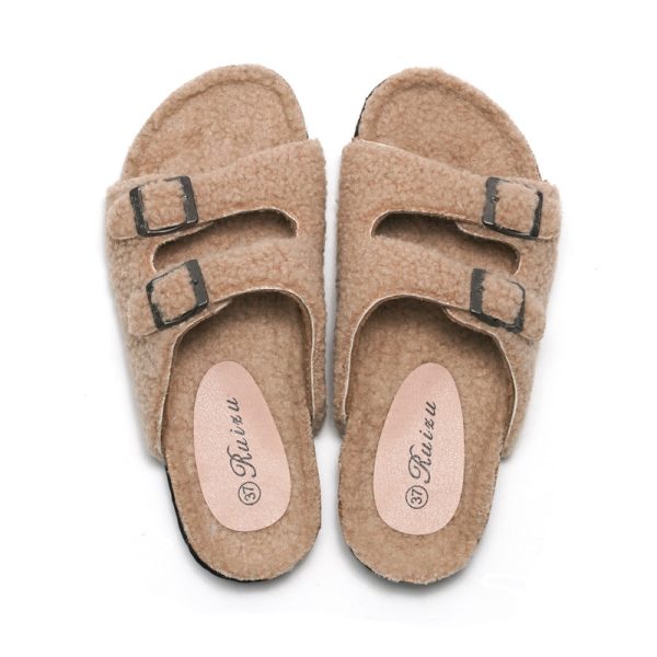 Ruizu new autumn and winter women's cork slippers lamb velvet men's sandals and slippers wear casual beach shoes to keep warm - Image 5
