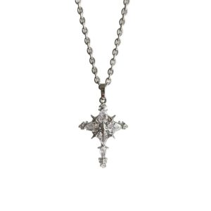 Cool feeling ice through snowflake cross zircon necklace female sweet cool style Korean personality four-pointed star titanium steel collarbone chain