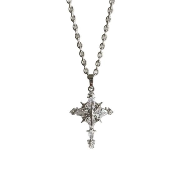 Cool feeling ice through snowflake cross zircon necklace female sweet cool style Korean personality four-pointed star titanium steel collarbone chain - Image 5