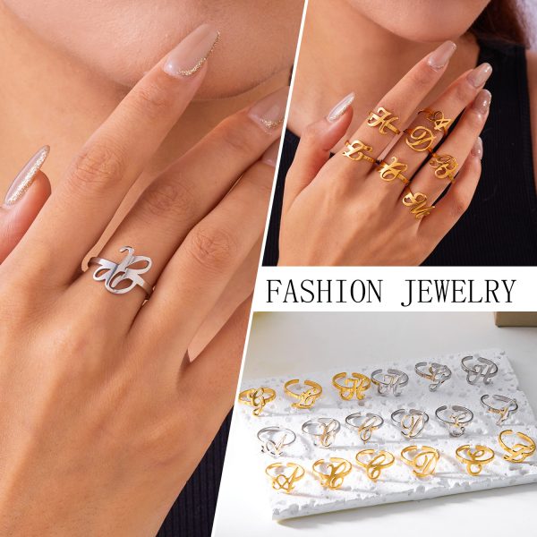 European and American cross-border stainless steel 26 letter ring women's ring opening adjustable plated 18k real gold index finger ring hand jewelry women