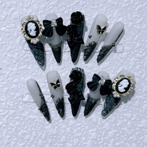 Hand-worn nail sweet cool dark baroque beauty head camellia long pointed nail manicure patch