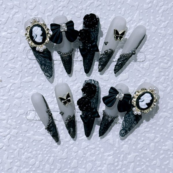 Hand-worn nail sweet cool dark baroque beauty head camellia long pointed nail manicure patch