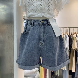 Plus size fat sister five points denim shorts women's summer high waist loose and thin wide legs rolled edge pants thin section hot pants