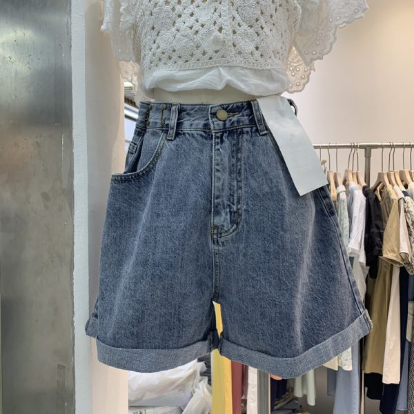 Plus size fat sister five points denim shorts women's summer high waist loose and thin wide legs rolled edge pants thin section hot pants