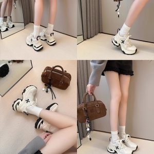 HEIGHT: 7CM~ LEATHER CROSS FLOWER THICK-SOLED DAD SHOES WOMEN'S NEW BREATHABLE RUNNING SHOES CASUAL SNEAKERS IN SPRING