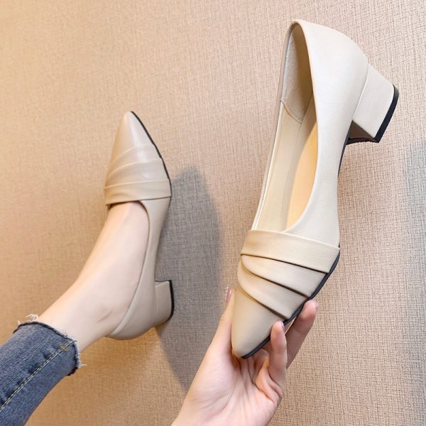 Women's business heel shoes pointed toe mid-heel small leather shoes four seasons new elegant formal fashion women's shoes pleated line - Image 3