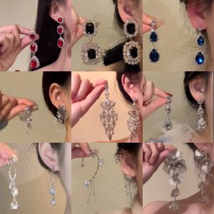 French light luxury drop gemstone earrings, ultra-sparkling diamond-encrusted retro court style earrings, fashionable personality, niche earrings