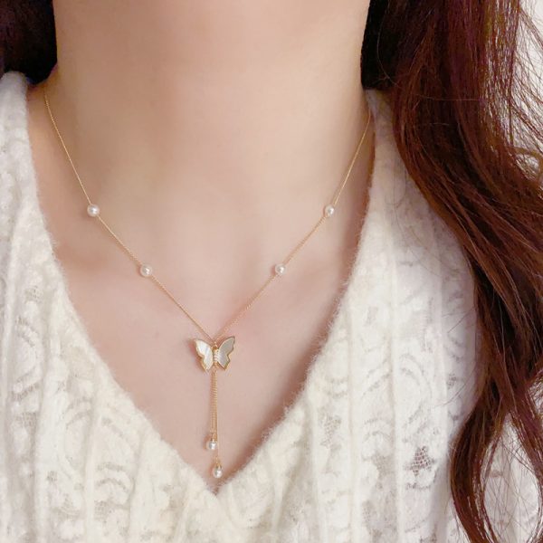 Korean fashion light luxury shell butterfly tassel necklace feminine temperament Internet celebrity super fairy butterfly design collarbone chain