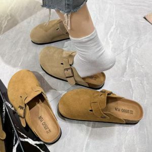 Imitation leather Birkenstocks, women's toe cork soles, high and explosive semi-slippers, and fashionable slip-on sandals outside