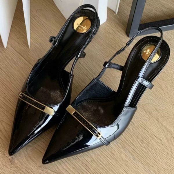 Yang Shulin's same metal buckle burgundy pointed high heels, feminine socialite, with a strap on the back of sandals - Image 3