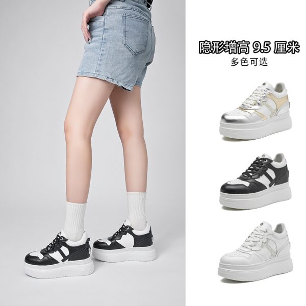 2025 summer new inner height increase women's shoes 9.5CM ultra-light platform sole casual small body board shoes leather white shoes