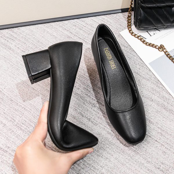 Soft sole shoes female shallow mouth shoes with thick heels black work shoes square head office comfortable front desk