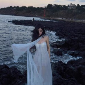 French high-end streamer see-through mesh patchwork bandeau dress women's resort style birthday banquet evening dress